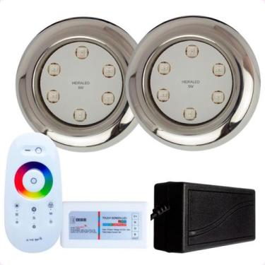Imagem de Kit 2 Refletores Led 9w RGB Inox S e Comando para Iluminação Piscina -