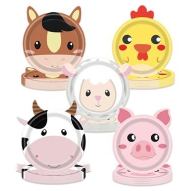 Imagem de Lousuip 50 peças de utensílios de mesa de animais de fazenda com tema de celeiro, pratos de sobremesa, vaca de fazenda, porco, ovelha, galo, mula, suprimentos descartáveis para festa de aniversário