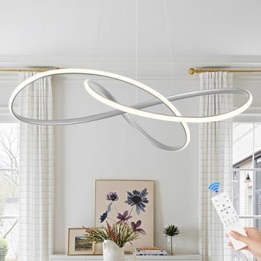 Imagem de Sparklelf D31.12.7 cm Lustre de LED Moderno Anel Prata Lustre Teto Alto Contemporâneo com Controle Remoto Regulável, Luminárias Pendentes LED para Foyer Sala de Jantar Cozinha Ilha, 3000-6500K