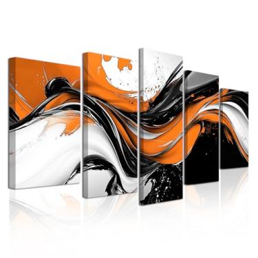 Imagem de CXHOSTENT Arte de parede abstrata laranja 5 painéis laranja cinza pintura preta impressões em tela grande arte para quarto sala de estar escritório decoração emoldurada (branco, 40,6 x 61 cm x 50,8 cm