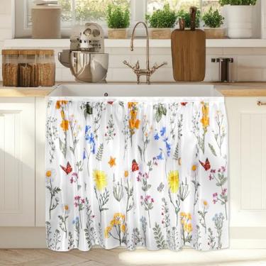 Imagem de Wiooffen Cortinas de armário 71 x 87 cm saia de pia para banheiro cozinha sob a mesa privacidade drapeado autoadesivo lava-louças cortinas de mesa para casa lavanderia fazenda decoração rústica flores