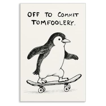 Imagem de Pôster de pinguim, arte de parede em tela com citação Off To Commit Tomfoolery, estampa legal de pinguim, pôsteres engraçados de animais para estética de quarto, berçário, quarto infantil, escritório