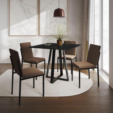 Imagem de Conjunto De Jantar Mesa Mônaco 90Cm Tampo Preto Com 4 Cadeiras Estofadas Marrom - Cor: Preto