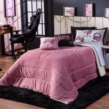 Imagem de Kit Coberdrom Game Streamer Rosê C/ Almofadas Solteiro 04 Peças - Dupla Face Sherpa E Mantinha