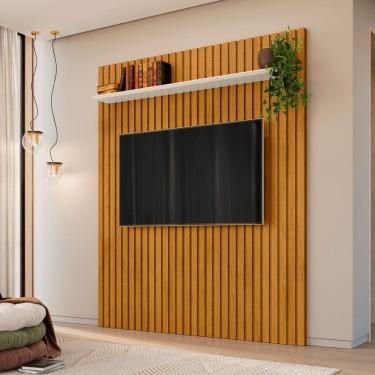 Imagem de Painel Ripado para Tv até 65 Polegadas 220x184cm 1 Prateleiras 100% Mdf Roma Cinamomo/Off White