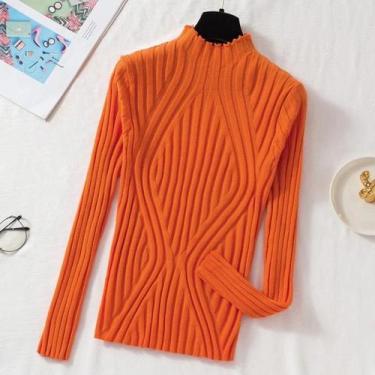 Imagem de Suéter Feminino Slim Fit De Tricô Gola Alta Pulôver Manga Longa Outono