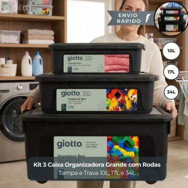 Imagem de Kit 3 Caixa Organizadora Grande com Rodas, Tampa e Trava 10L, 17L e 34
