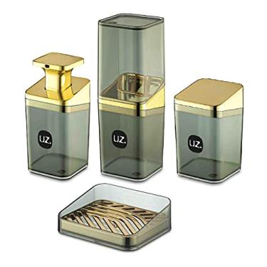 Imagem de Kit Higiene Slim 4 Peças Para Banheiro Com Porta Escova Sabonete Líquido Porta Algodão E Saboneteira UZ cor:Preto/Dourad