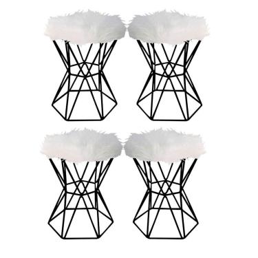 Imagem de Kit 04 Puff Banqueta Louis Aramado Hexágono Preto Pelúcia Branco