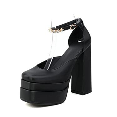 Imagem de Sapatos femininos salto alto salto alto Mary Jane sapatos sociais sapatos sociais fivela no tornozelo e sapatos quadrados de bico fino 34-43,Black,5 UK/38 EU