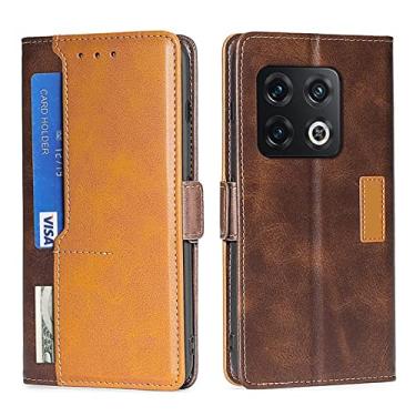 Imagem de Capa carteira para Oneplus 10 Pro, Capa flip de couro PU com compartimentos para cartão Kickstand e fivela magnética à prova de choque TPU capa protetora fina e elegante, marrom