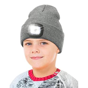 Imagem de Gorro de LED com luz para crianças, unissex recarregável por USB, com 4 LEDs, lanterna de cabeça de malha de inverno, para meninos e meninas (cinza)