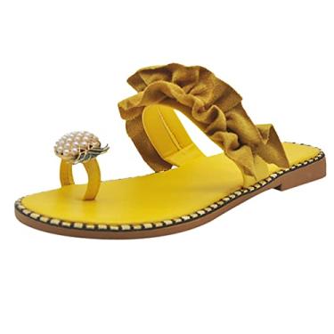 Imagem de Sandálias casuais femininas femininas estilo boêmio com pérolas sandálias casuais sapatos de praia chinelos botas femininas, Amarelo, 6.5-7