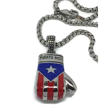 Imagem de Pingente de luva de boxe com bandeira porto-riquenha Papiichulo com caixa de 61 cm, colar de corrente de aço inoxidável para homens (vermelho e branco).