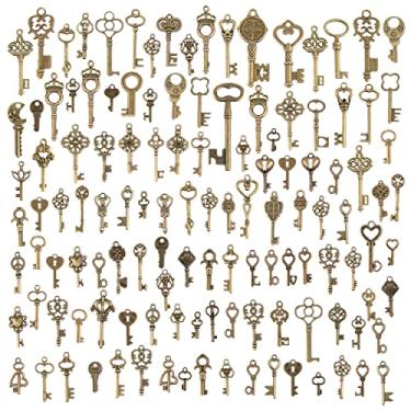 Imagem de CHuangQi Conjunto de chaves de esqueleto vintage de 125 pçs/170 g, colar de chave Steampunk, pingentes de bronze antigo, joias artesanais DIY, lembrancinhas de casamento e festa de aniversário