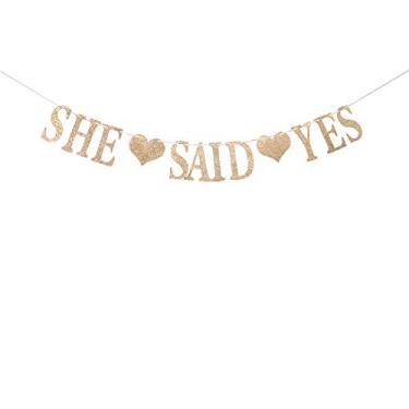 Imagem de Banner de champanhe dourado com glitter She Said Yes - Chá de noiva, casamento, noivado, decorações de festa de despedida de solteira