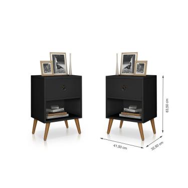 Imagem de Kit 2 Mesa de Cabeceira C/ 1 Gav Pés Palito Retro Preto - Rede Moveis