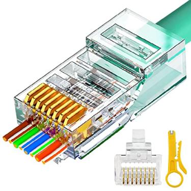 Imagem de Conectores RJ45 Cat6 Cat5e Pass Through 100 Pacotes Banhado a Ouro 3 Prong 8P8C Modular Ethernet UTP Cabo de rede Plug para Par Torcido Sem Proteção Fio Sólido e Cabos Padrão