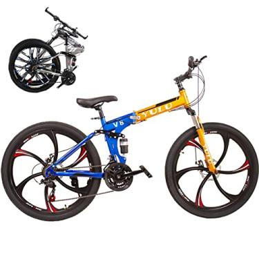 Imagem de Bicicleta dobrável portátil para adultos bicicletas dobráveis para adultos bicicleta de montanha dobrável com garfo de suspensão engrenagens de 66 cm bicicleta dobrável bicicleta da cidade moldura de aço de alto carbono, amarelo/6,27