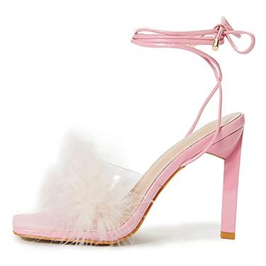 Imagem de Sandálias femininas de salto de penas fofas bico quadrado aberto salto alto sapatos de verão stiletto para mulheres vestido de festa de casamento, rosa, 41 EU/10 US