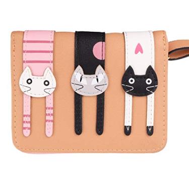 Imagem de Carteira feminina bonita com 3 gatos, com zíper, dobrável, curta, para moedas, dinheiro, clutch e organizador de cartões com janela fotográfica para mulheres e , preta, Café, 12x9x3cm
