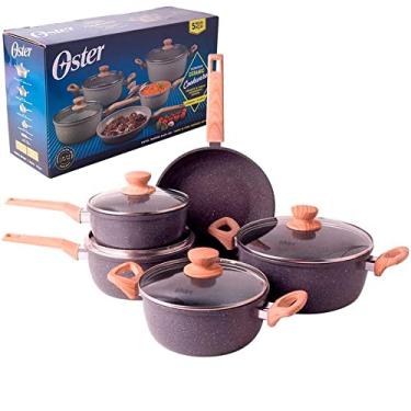 Imagem de OSTER Conjunto de Panelas Antiaderentes 5 Peças Marble Edition - Jogo de Panela e Frigideira, Construção em Alumínio e Revestimento Duplo de Cerâmica, Alças e Cabos Revestidos em Silicone - Dark Grey