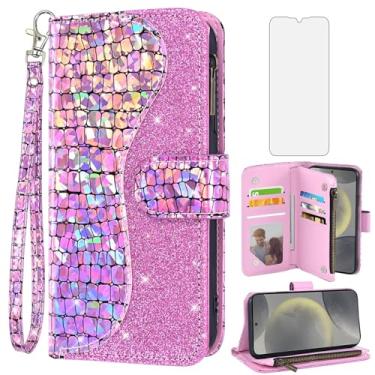 Imagem de Asuwish Capa de celular para Samsung Galaxy S24 Plus S24+ 5G capa carteira com protetor de tela e alça de pulso de couro com glitter flip zíper suporte para cartão celular S24plus 24S + S 24 24+