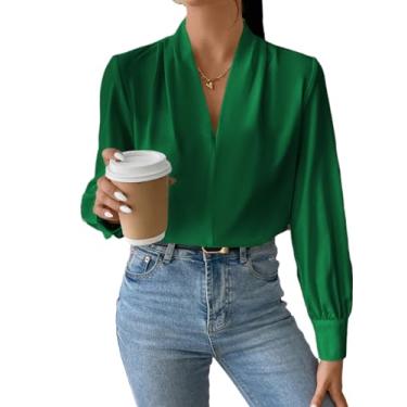 Imagem de EVALESS Camisas de manga comprida para mulheres na moda com decote em V tops de verão elegantes blusas casuais de chiffon ajuste solto blusa de trabalho escritório top, B Verde, M