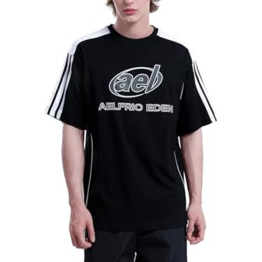 Imagem de Aelfric Eden Camisetas estampadas grandes masculinas cor contrastante Speedway Racing camiseta unissex streetwear camiseta polo patchwork, 03-a8-preto, G