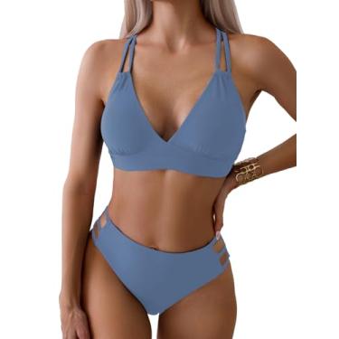 Imagem de Fanuerg Biquíni feminino sexy com decote em V, vazado, duas peças, recorte de cintura média, Cinza e azul, G