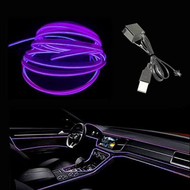 Imagem de Maxlaxer Fita de LED para interior de carro roxo El Wire, fio neon 3M USB 5V com proteção de fusível para decoração de interiores automotivos, com borda de costura de 6 mm