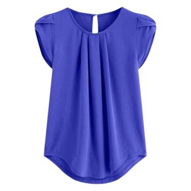 Imagem de Camisetas femininas de chiffon com gola canoa para outono verão pétala manga curta plissadas com buraco de fechadura 2024, K-590 Azul royal, G