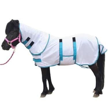 Imagem de LEAFOREST Lençol de malha de cavalo em miniatura com protetor de barriga ajustável e capa de pescoço removível leve e respirável protege pônei branco 101,6 cm