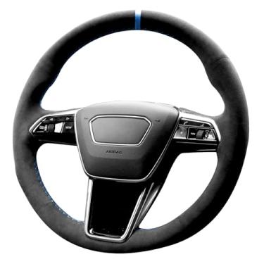 Imagem de Alfanxi Capa de volante Alcantara Hand Stitch compatível com Audi A6 A7 e-tron S6 S7 S8 (listra azul)