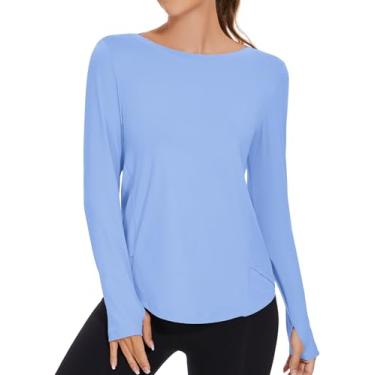 Imagem de KTILG Camiseta feminina de manga comprida com proteção solar FPS 50+, gola canoa, leve, secagem rápida, caminhada ao ar livre com orifício para polegar, Azul escuro, M