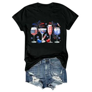 Imagem de Camisetas patrióticas femininas com bandeira americana com estampa engraçada de taça de vinho 4 de julho, camisetas casuais de verão, Preto, P
