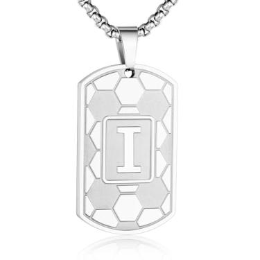 Imagem de Colar masculino com pingente de futebol com inicial A-Z, corrente de aço inoxidável, 55 cm + 5 cm, personalizado, esporte, atletas, joias, presente de futebol para homens, Prata, Sem Pedra Preciosa
