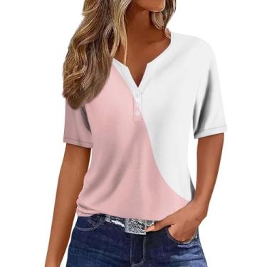 Imagem de Camiseta feminina para férias 2024 Henley Neck Patchwork Print Boho manga curta camisas modernas roupas casuais confortáveis, rosa, XXG