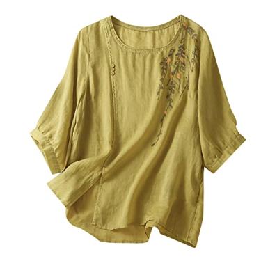 Imagem de Blusas femininas de algodão e linho bordadas, gola redonda, manga 3/4, camisas de gaze, Amarelo, G