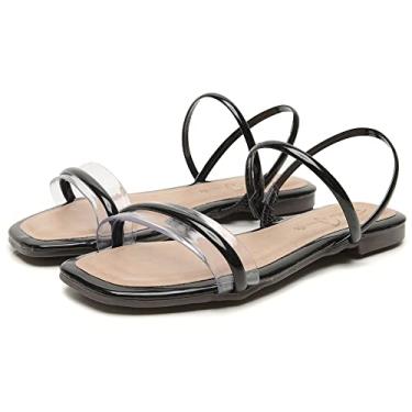 Imagem de Sandalia Rasteira de Vinil Feminina Calce Facil Solado Borracha Moderna Tiras Finas Bico Quadrado Tamanho:36;Cor:Preto;Gênero:Feminino;Departamento BS:Esporte