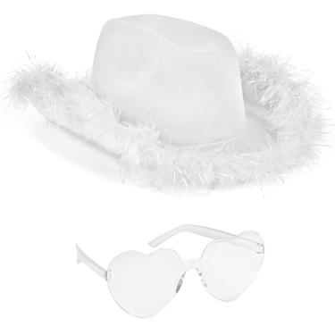 Imagem de Funcredible White Cowgirl Hat with Glasses - Halloween Cowboy Hat with Feathers - Cow Girl Costume Accessories - Fun Bride Western Rodeo Party Hats and Goggles for Women, Girls and Kids