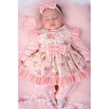 Imagem de Saida de Maternidade Para Bebe Menina com Vestido Salmão Floral Pompom