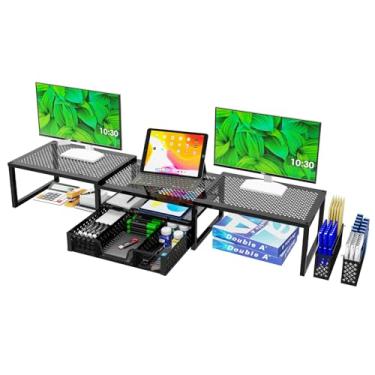 Imagem de Simple Trending Suporte duplo para monitor de metal para 2 monitores, organizador de mesa de computador de ângulo ajustável com gaveta e suporte de caneta para laptop, computador, iMac, preto