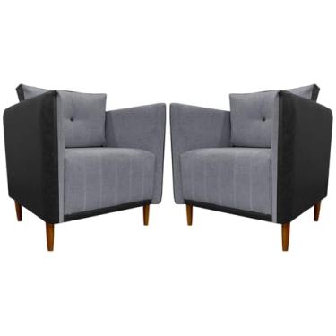 Imagem de Kit 2 Poltronas Decorativas Para Sala e Recepção Aviv Corino Preto e Linho Premium Cinza