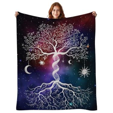 Imagem de DOINBEE Presentes de árvore da vida, cobertor de árvore da vida, azul, roxo, galáxia, sol, lua e estrela, cobertores de lã para adultos e crianças, cobertor de flanela de pelúcia macia, decoração de