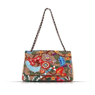 Imagem de Sacola feminina, bolsa de praia, bolsa de palha bordada feita à mão, bolsa boêmia, bolsa de ombro de grande capacidade, adequada para férias, viagens, uso diário, banquete (colorido) (bege), Caqui,
