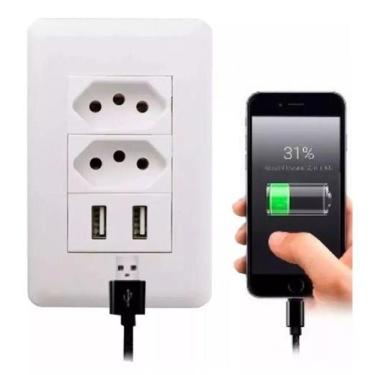 Imagem de Tomada USB 3A 2 Entradas Parede Espelho 5V Carregador Bivolt - ESTAR L