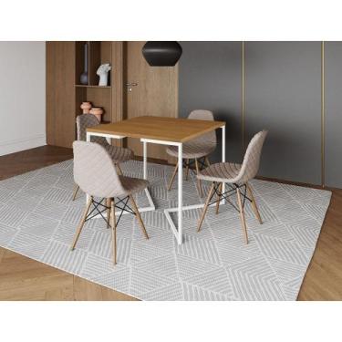Imagem de Mesa Jantar Industrial Base V Ferro Branco 90cm Quadrada Canela + 4 Ca