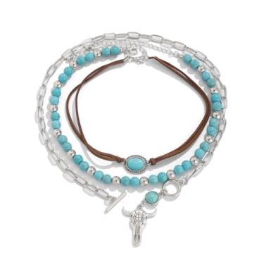 Imagem de Todu 3 peças Boho Western Colar feminino turquesa frisada cacto ferradura grosso colar pingente pilha pilha western country joias concerto para cowgirl cowboy, Zinco, Sem Pedra Preciosa