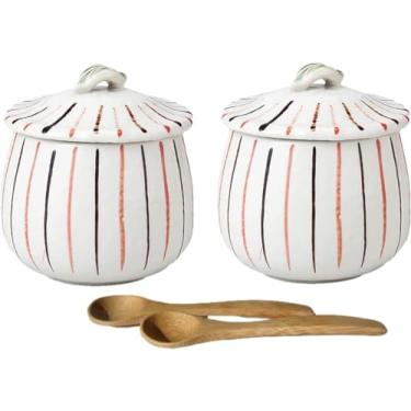 Imagem de j-pure hitomi Copos japoneses Chawan-mushi com tampa e colher, 9,5 cm de diâmetro x H3,94 padrão tokusa em forma de barril, mino, conjunto de 2 do Japão (Tokusa taru)